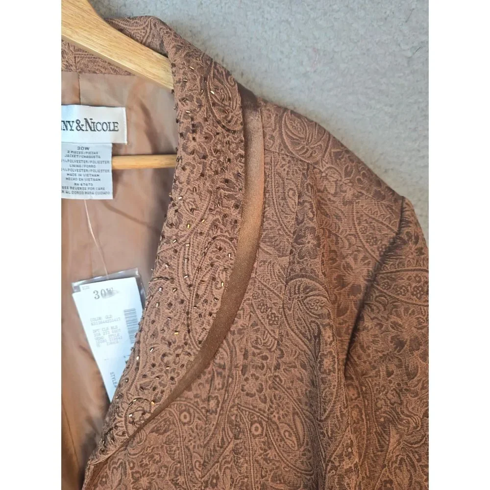 Danny and Nicole Jacket 30W Brown Textured Print Clear Beaded Collar Lined